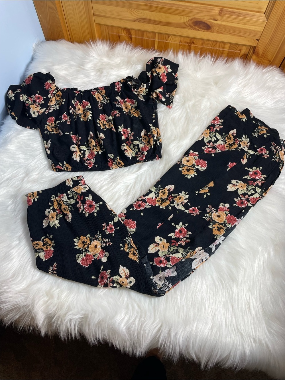 Lela Sky Black Floral Off Shoulder Crop Top Maxi Skirt Slit Attached Shorts